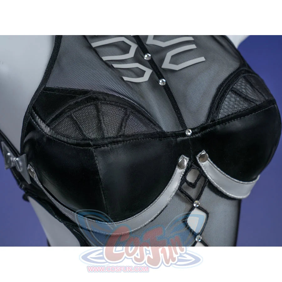 Zenless Zone Zero Promeia cosplay costume chest detail shapes black cups with silver edging and small hardware.