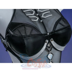 Zenless Zone Zero Promeia cosplay costume chest detail shapes black cups with silver edging and small hardware.