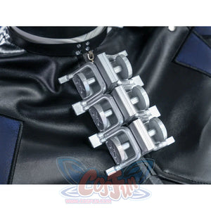 Zenless Zone Zero Promeia cosplay costume front buckle detail stacks silver hardware down the black collar.