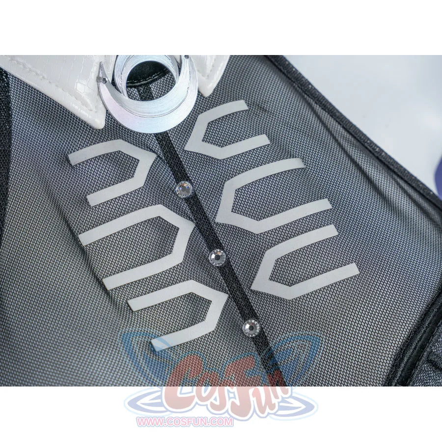 Zenless Zone Zero Promeia cosplay costume front mesh detail layers gray paneling and silver marks under black trim.