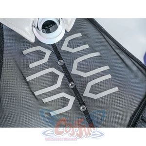 Zenless Zone Zero Promeia cosplay costume front mesh detail layers gray paneling and silver marks under black trim.