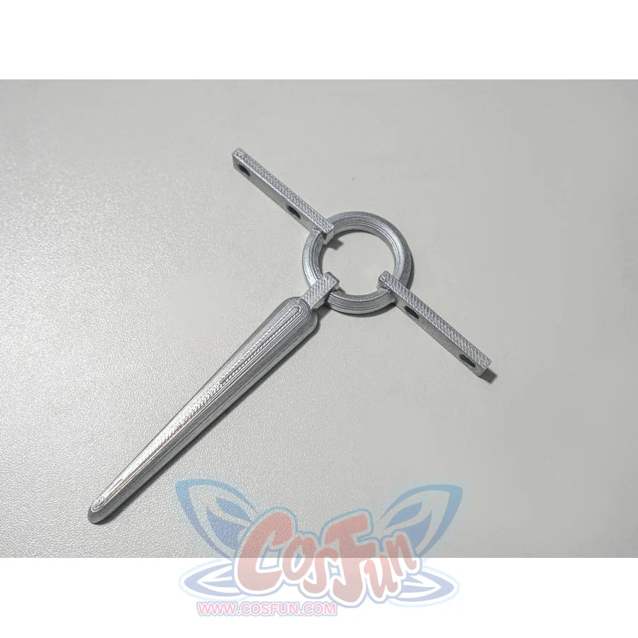 Zenless Zone Zero Promeia cosplay costume handcuff prop detail isolates a silver ring and short bar piece.