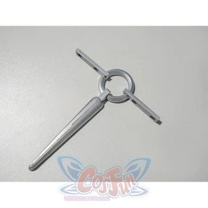 Zenless Zone Zero Promeia cosplay costume handcuff prop detail isolates a silver ring and short bar piece.