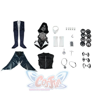 Zenless Zone Zero Promeia cosplay costume flat lay arranges boots, cape, jumpsuit, cuffs, rings, and small props.