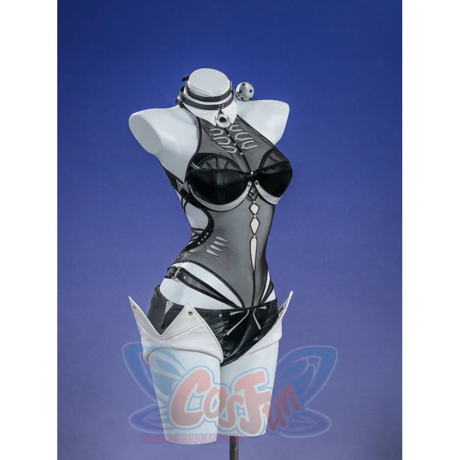 Zenless Zone Zero Promeia cosplay costume close-up centers the black chest curves and silver lower paneling.