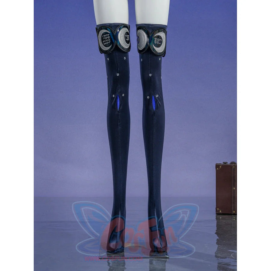 Zenless Zone Zero Promeia cosplay costume leg ring detail wraps black glossy straps and round accents down the legs.