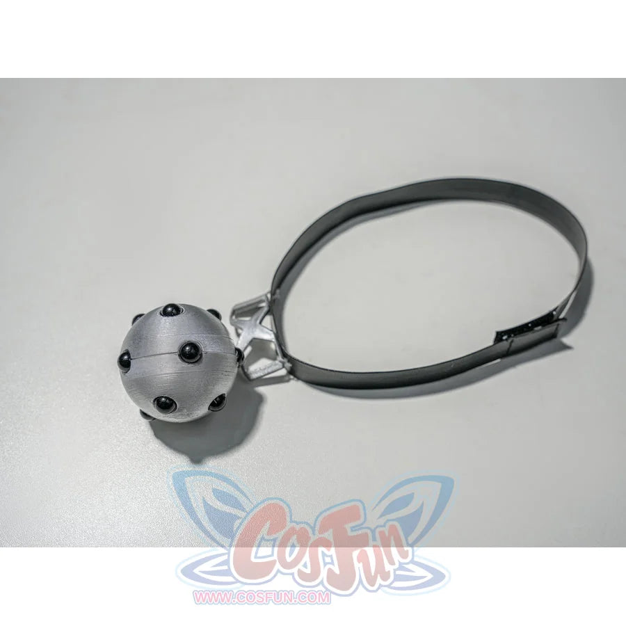 Zenless Zone Zero Promeia cosplay costume neck ring prop detail lays a black band beside a silver sphere accent.