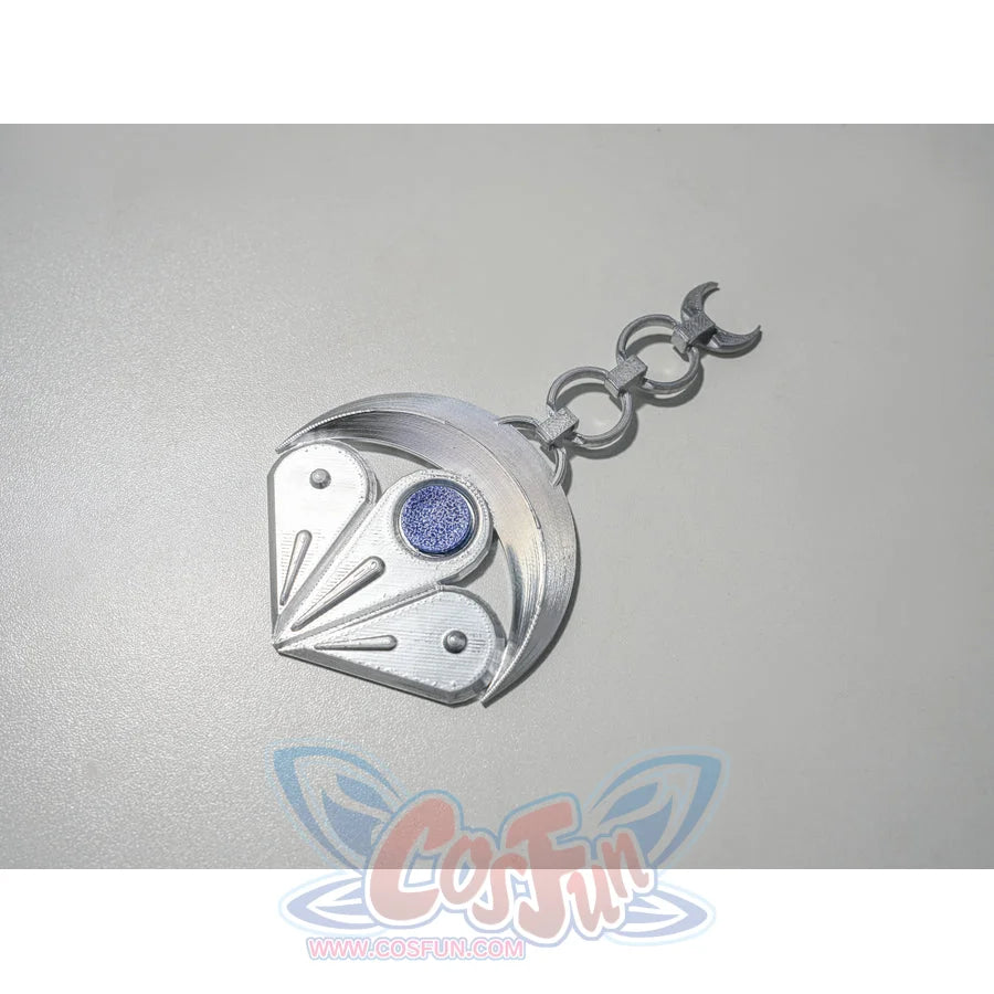 Zenless Zone Zero Promeia cosplay costume round prop detail links a crescent charm to small chain pieces.