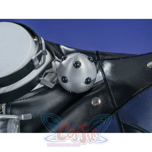 Zenless Zone Zero Promeia cosplay costume shoulder detail anchors a round silver ring over glossy black fabric.