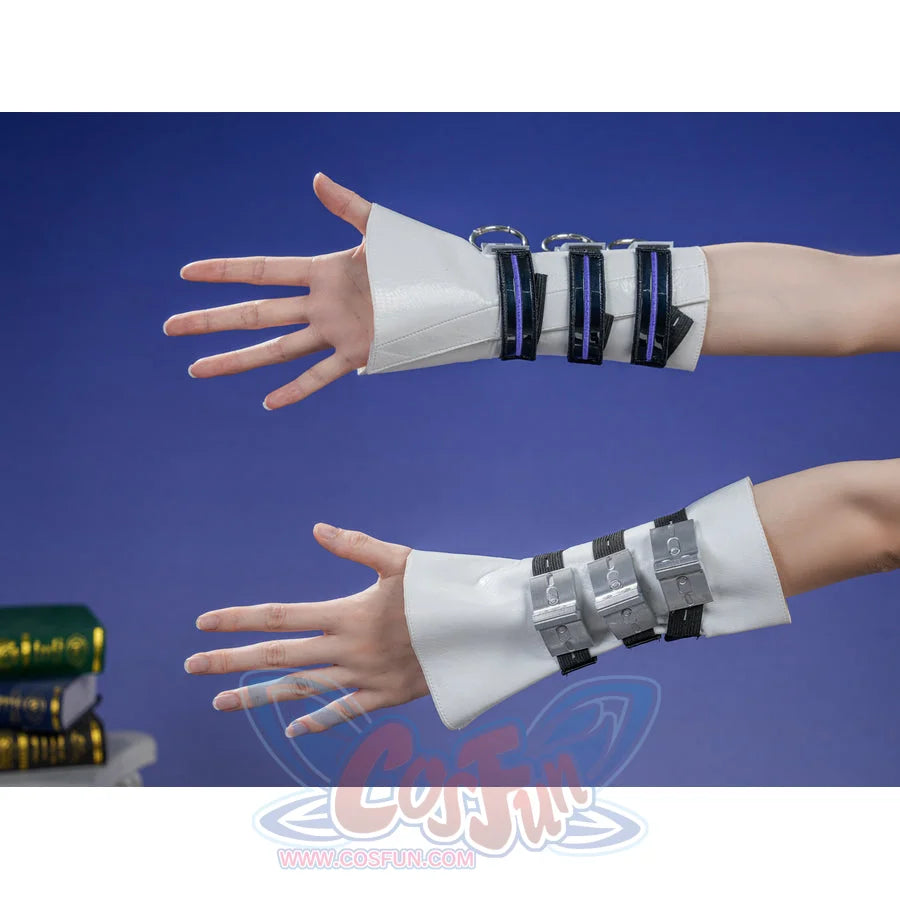 Zenless Zone Zero Promeia cosplay costume wrist cuff detail wraps black straps over white cuffs on both arms.