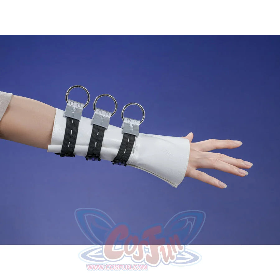 Zenless Zone Zero Promeia cosplay costume wrist cuff side detail layers black bands and silver loops over white cuffs.