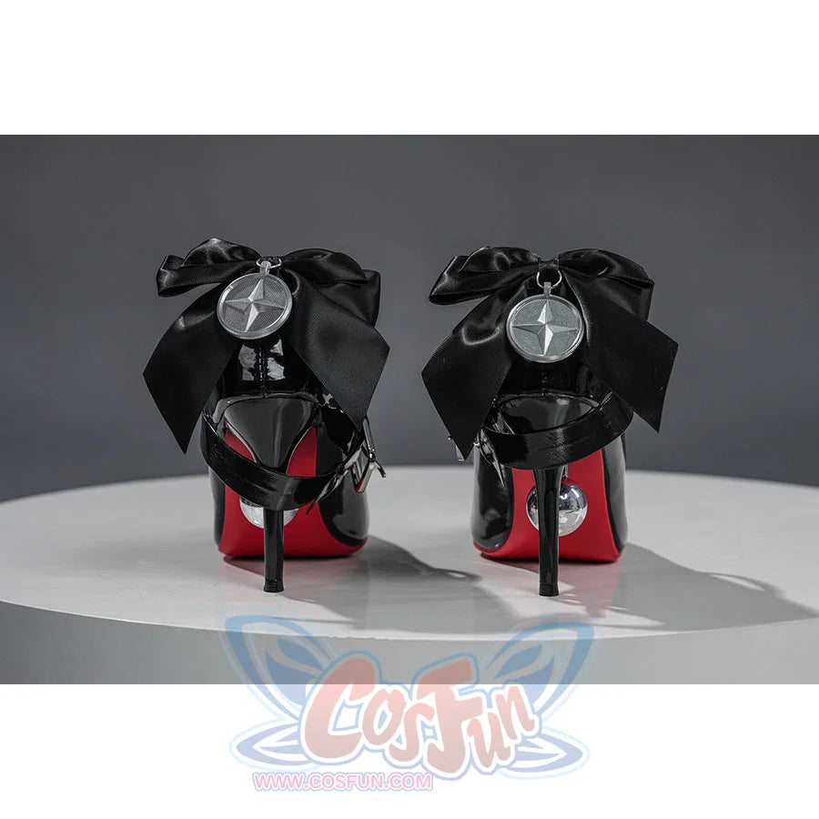 COSFUN Zenless Zone Zero Ramiel cosplay boots pair glossy black heels under bow straps and pearl-like rivets.