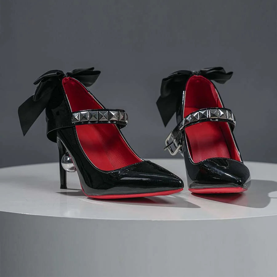 COSFUN Zenless Zone Zero Ramiel cosplay boots pair glossy black heels under bow straps and pearl-like rivets.