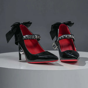 COSFUN Zenless Zone Zero Ramiel cosplay boots pair glossy black heels under bow straps and pearl-like rivets.