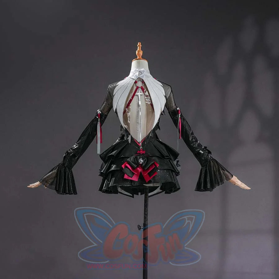 Zenless Zone Zero Ramiel cosplay costume centers the white back panel, black wings, and red bow details.