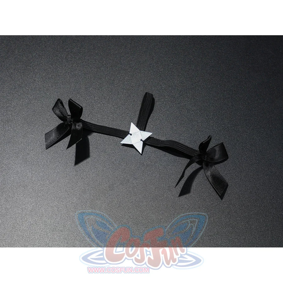 Zenless Zone Zero Ramiel cosplay costume bow chain prop detail lays black ribbon bows along a silver chain.