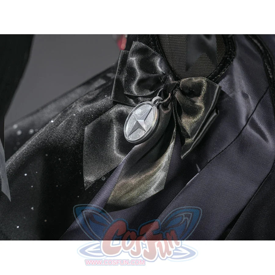 Zenless Zone Zero Ramiel cosplay costume bow detail pins a silver star charm over black satin and red ribbon.