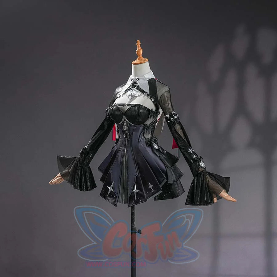 Zenless Zone Zero Ramiel cosplay costume balances the dark skirt, black sleeve flares, and red side ribbons.