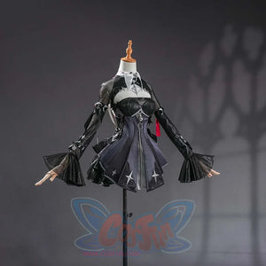 Zenless Zone Zero Ramiel cosplay costume drops the black sleeves below the short skirt for a compact front view.