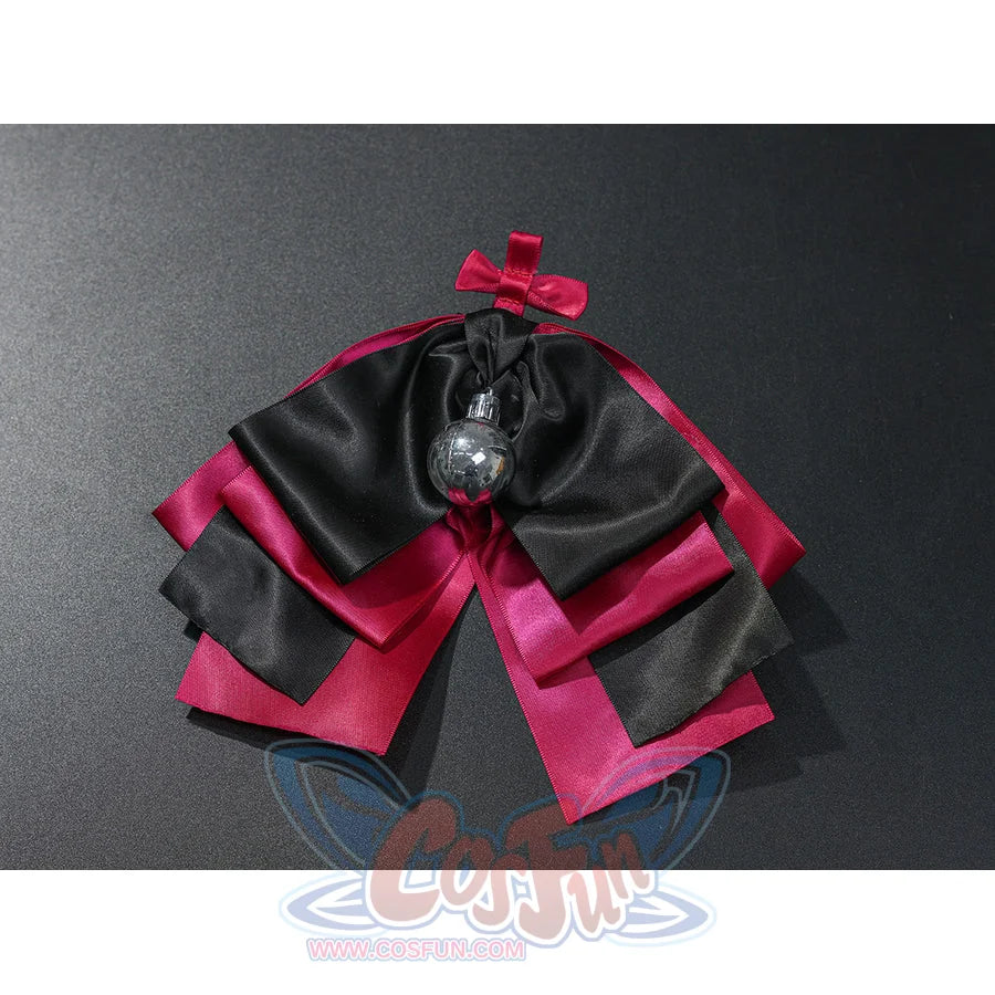 Zenless Zone Zero Ramiel cosplay costume hair bow detail pairs black satin loops with red tails and silver stars.
