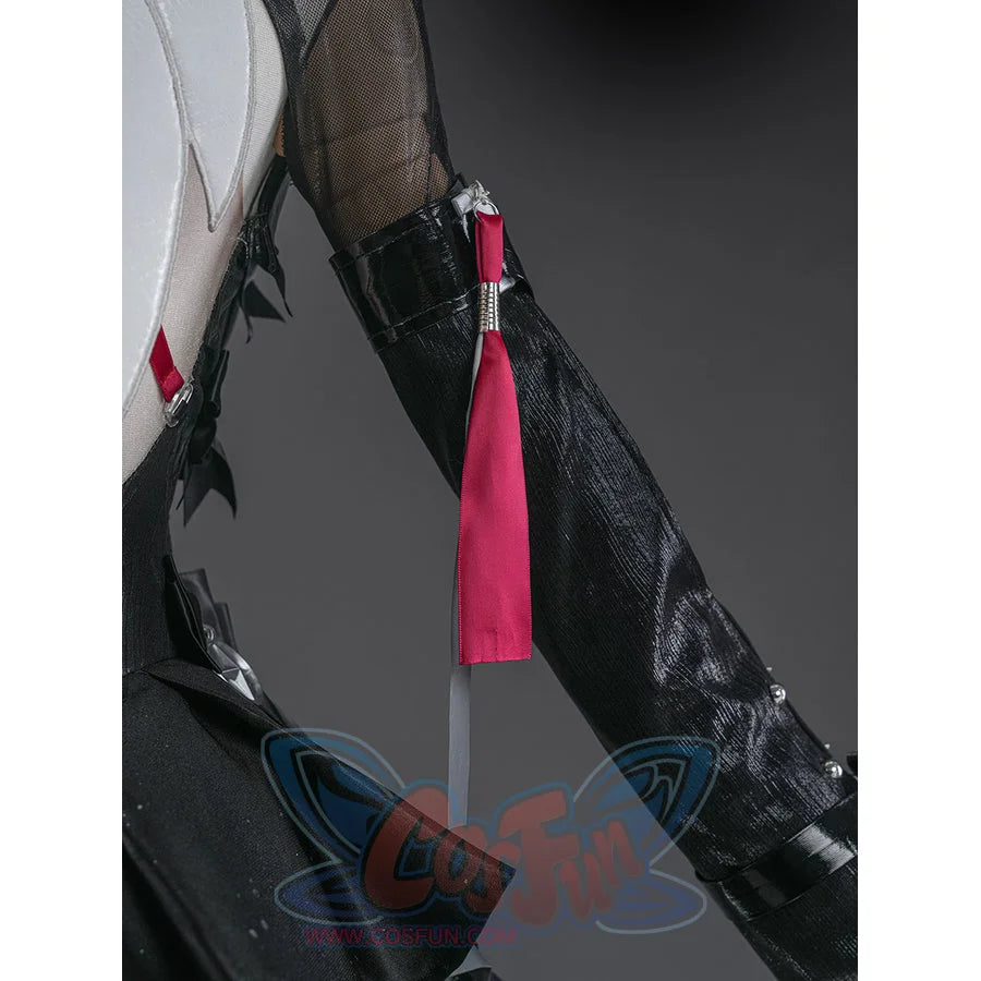 Zenless Zone Zero Ramiel cosplay costume sleeve ribbon detail hangs a red strip beside black glossy fabric.
