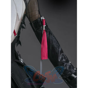 Zenless Zone Zero Ramiel cosplay costume sleeve ribbon detail hangs a red strip beside black glossy fabric.