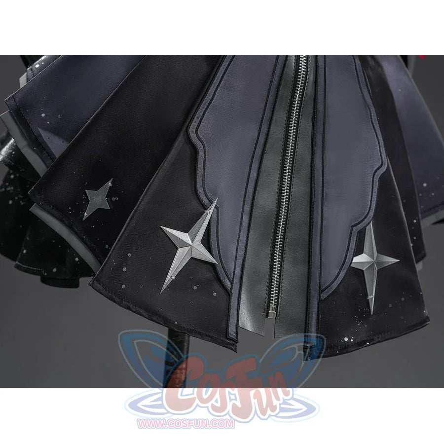 Zenless Zone Zero Ramiel cosplay costume skirt panel detail drops silver stars over pleated black fabric.
