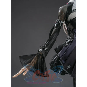 Zenless Zone Zero Ramiel cosplay costume sleeve detail frames the hand with black glossy cuffs and flared fabric.