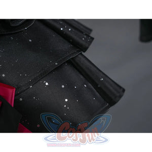 Zenless Zone Zero Ramiel cosplay costume skirt detail catches tiny light flecks across layered black fabric.