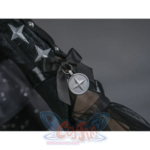 Zenless Zone Zero Ramiel cosplay costume star ring detail links silver hardware beside black fabric and mesh.