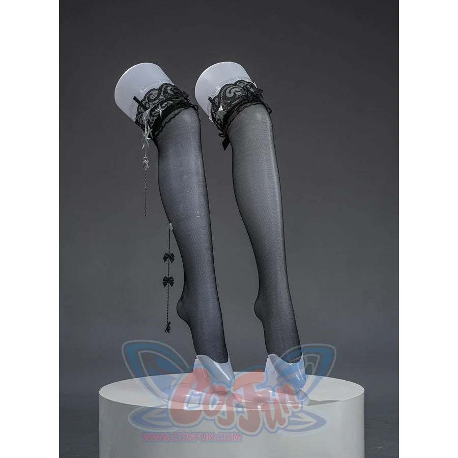 Zenless Zone Zero Ramiel cosplay costume stocking detail pairs gray legwear with black straps and bow accents.