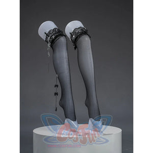 Zenless Zone Zero Ramiel cosplay costume stocking detail pairs gray legwear with black straps and bow accents.
