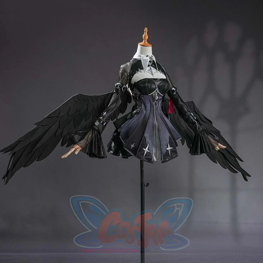 Zenless Zone Zero Ramiel cosplay costume angles the wing sleeves around the black dress and red ribbon accents.