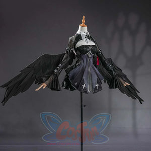 Zenless Zone Zero Ramiel cosplay costume angles the wing sleeves around the black dress and red ribbon accents.