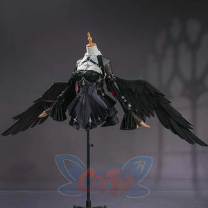 Zenless Zone Zero Ramiel cosplay costume opens the black wings wide around the skirt and white bodice detail.
