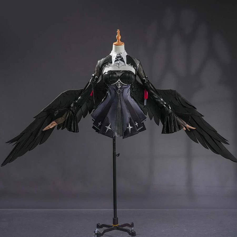 COSFUN Zenless Zone Zero Ramiel cosplay costume spreads black wing sleeves around a dark strapless dress in front view.