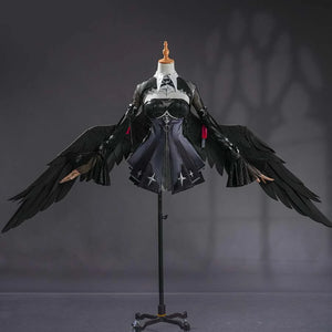 COSFUN Zenless Zone Zero Ramiel cosplay costume spreads black wing sleeves around a dark strapless dress in front view.