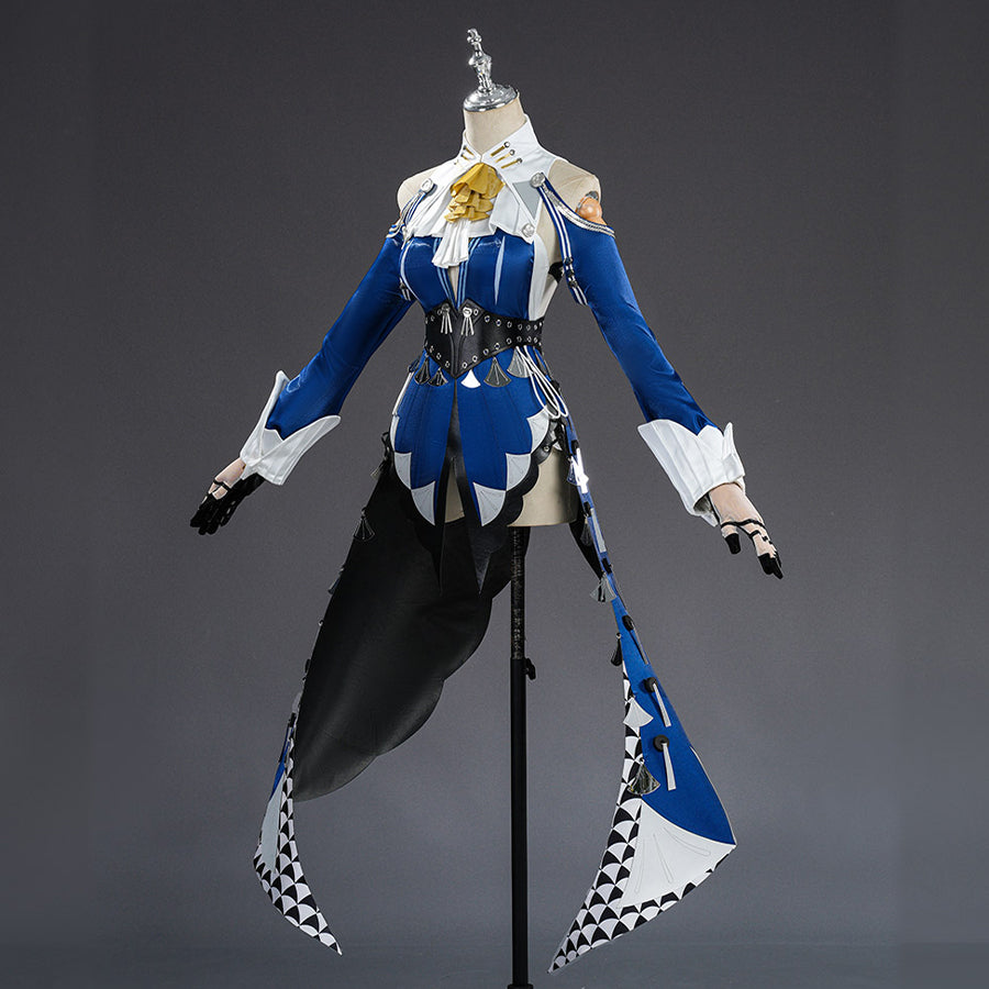 Zenless Zone Zero Velina Airgid cosplay costume angled view highlights blue sleeves and a split black train.