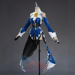 Zenless Zone Zero Velina Airgid cosplay costume angled view highlights blue sleeves and a split black train.