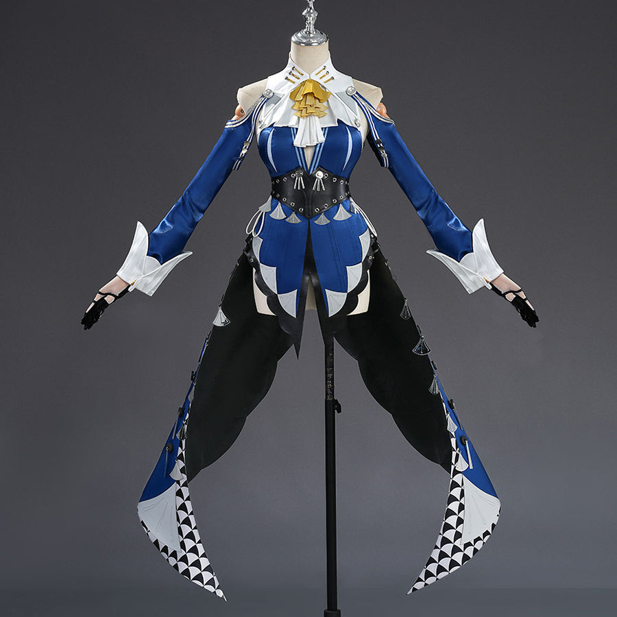 COSFUN Zenless Zone Zero Velina Airgid cosplay costume front view layers a blue dress under a white collar and gold bow.