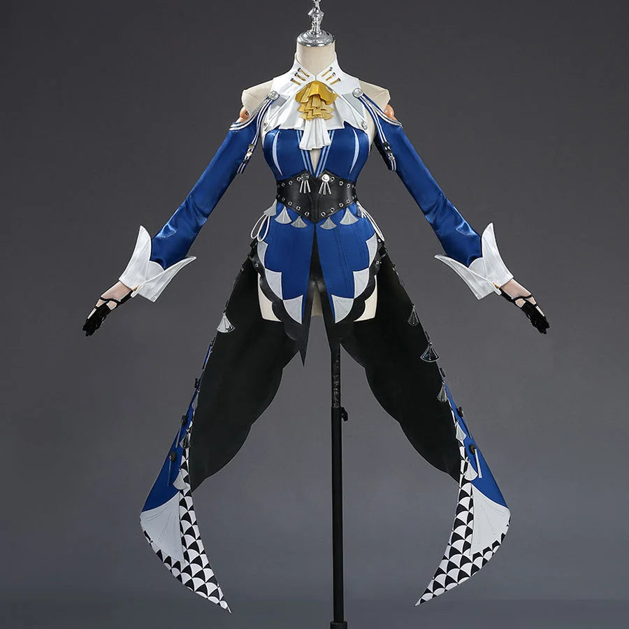 COSFUN Zenless Zone Zero Velina Airgid cosplay costume front view layers a blue dress under a white collar and gold bow.