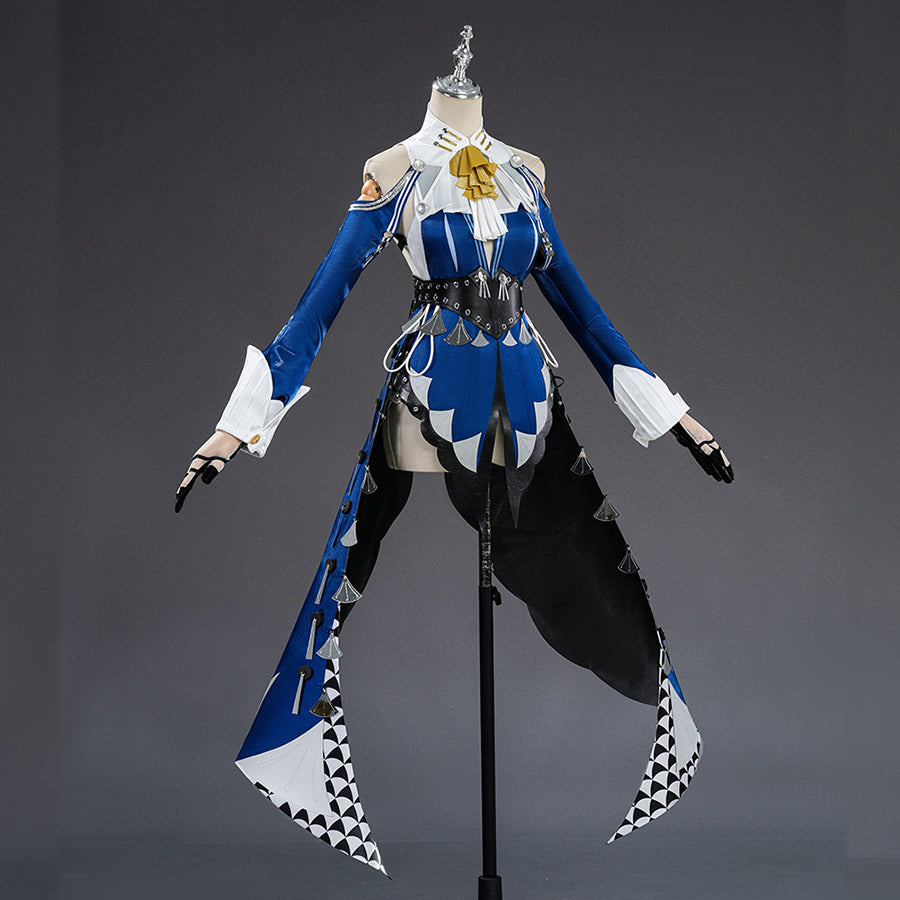 Zenless Zone Zero Velina Airgid cosplay costume front view frames white cuffs around the blue dress silhouette.