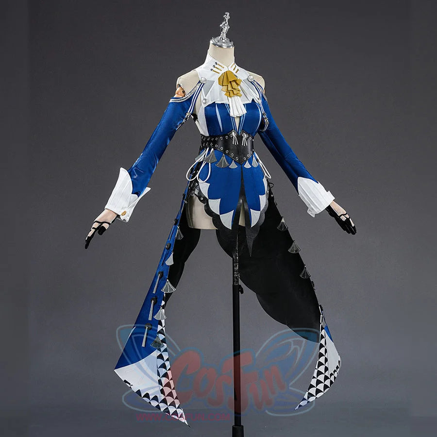 Zenless Zone Zero Velina Airgid cosplay costume front view frames white cuffs around the blue dress silhouette.