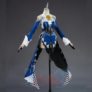 Zenless Zone Zero Velina Airgid cosplay costume front view frames white cuffs around the blue dress silhouette.