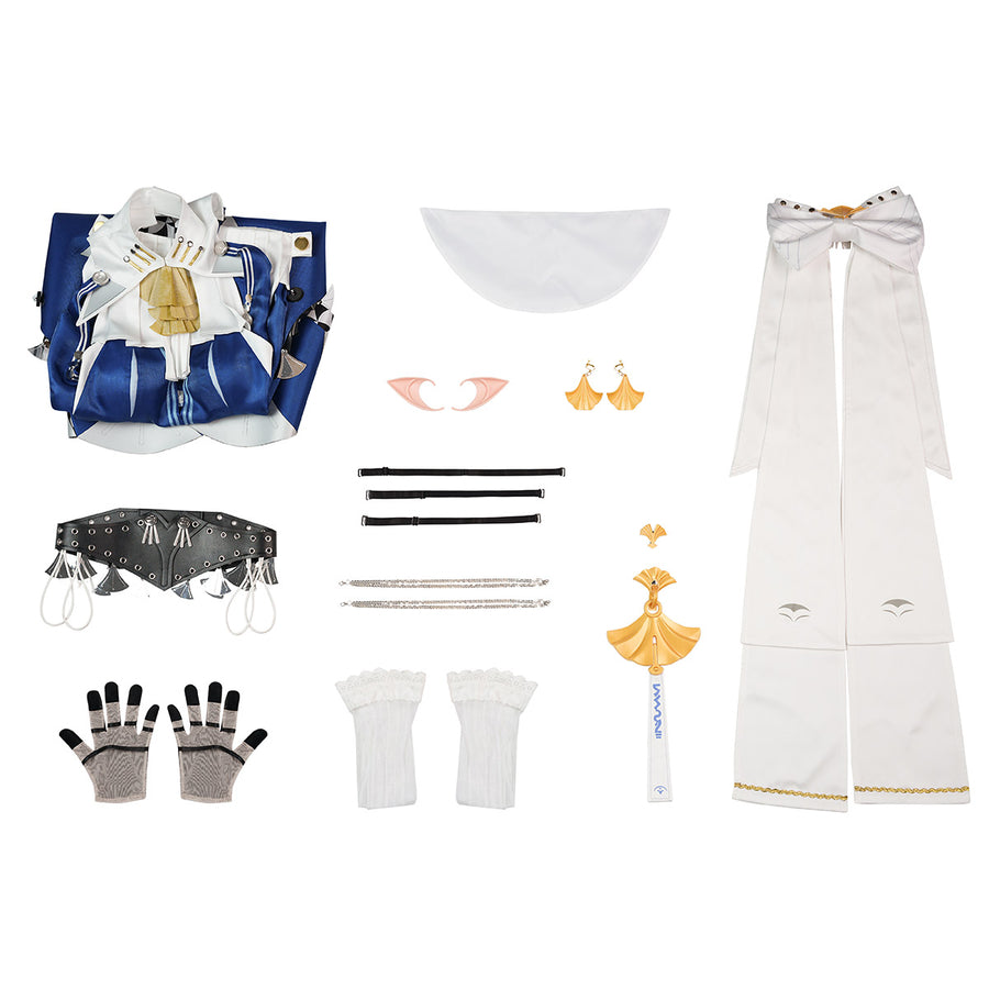 Zenless Zone Zero Velina Airgid cosplay costume flat lay arranges the dress beside gloves, stockings, and accessories.