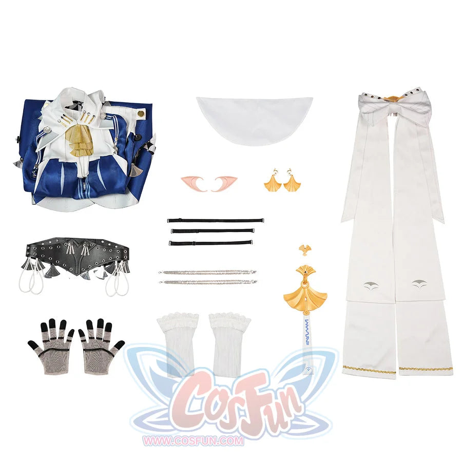 Zenless Zone Zero Velina Airgid cosplay costume flat lay arranges the dress beside gloves, stockings, and accessories.