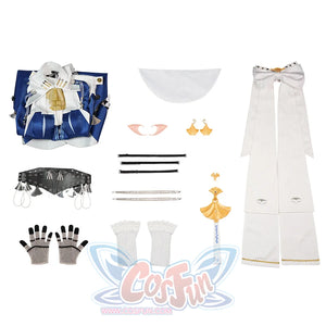 Zenless Zone Zero Velina Airgid cosplay costume flat lay arranges the dress beside gloves, stockings, and accessories.