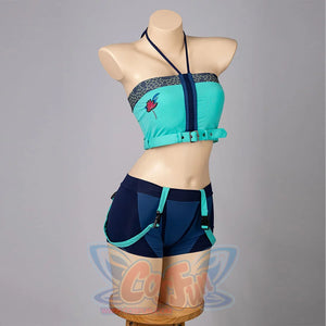 Zoey cosplay tankini angled front view frames a teal halter top, navy shorts, and turquoise leg straps.