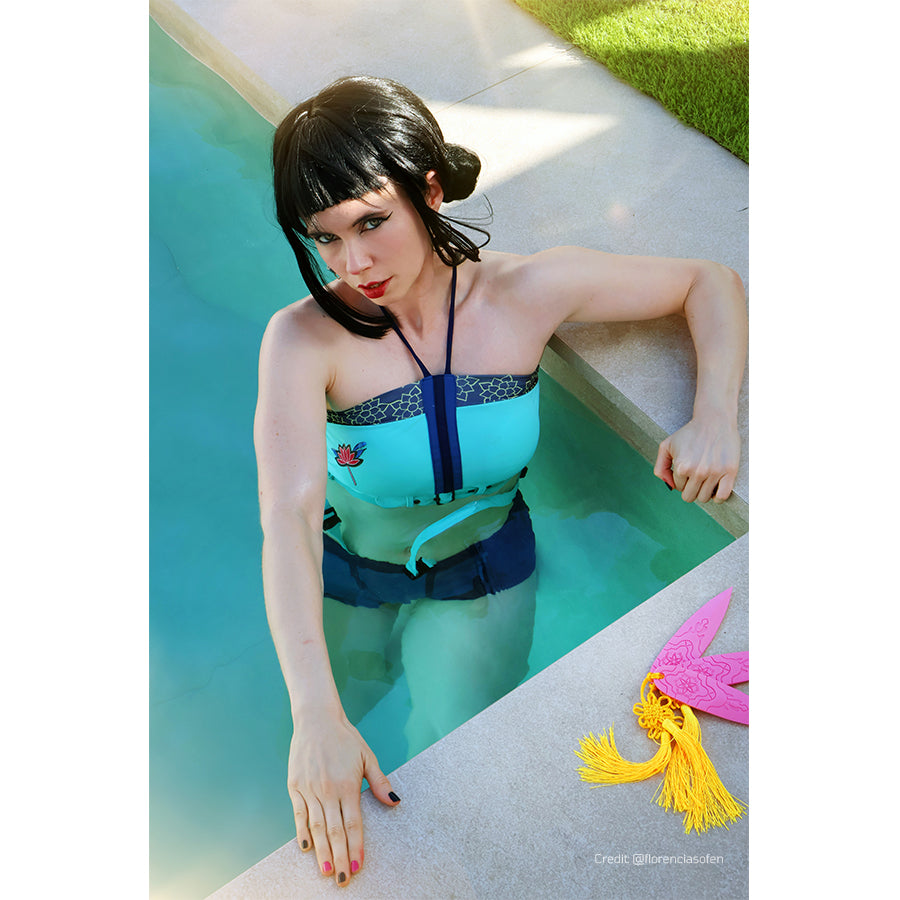 COSFUN Kpop Idol Zoey cosplay tankini pairs a teal halter top with navy shorts and strap accents.