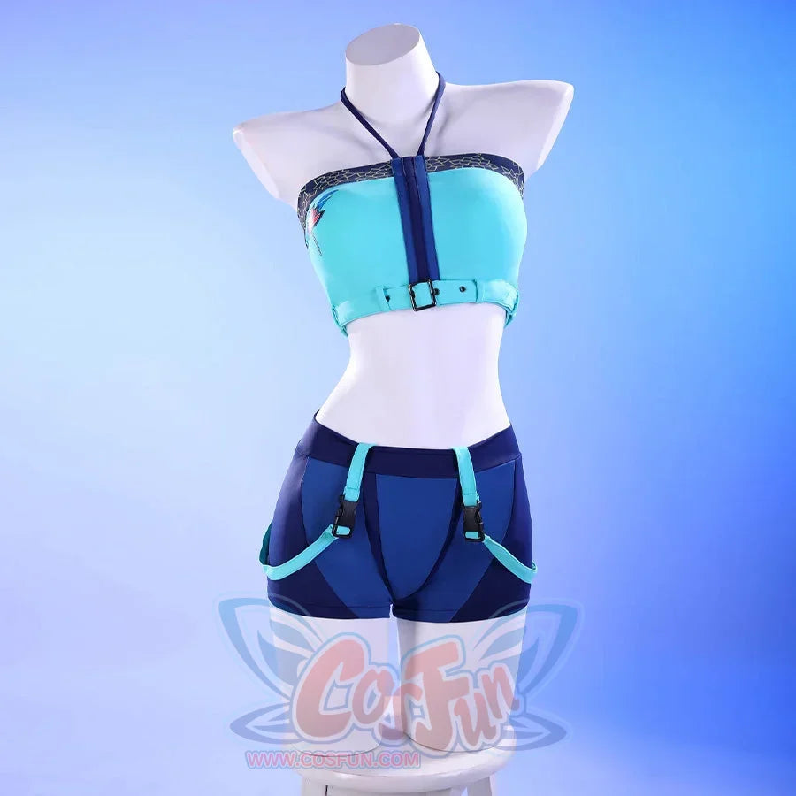 Zoey cosplay tankini front view pairs the teal halter top with navy shorts and harness-style straps.